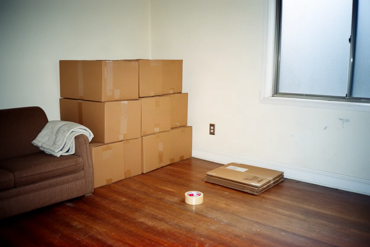 Neatly stacked moving boxes and a folded moving blanket in an empty living room