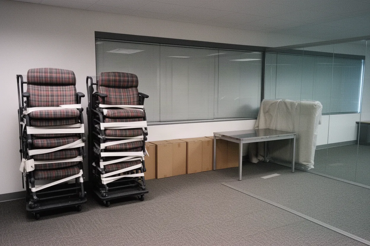 An empty office floor mid-move with chair dollies and a blanket-wrapped desk