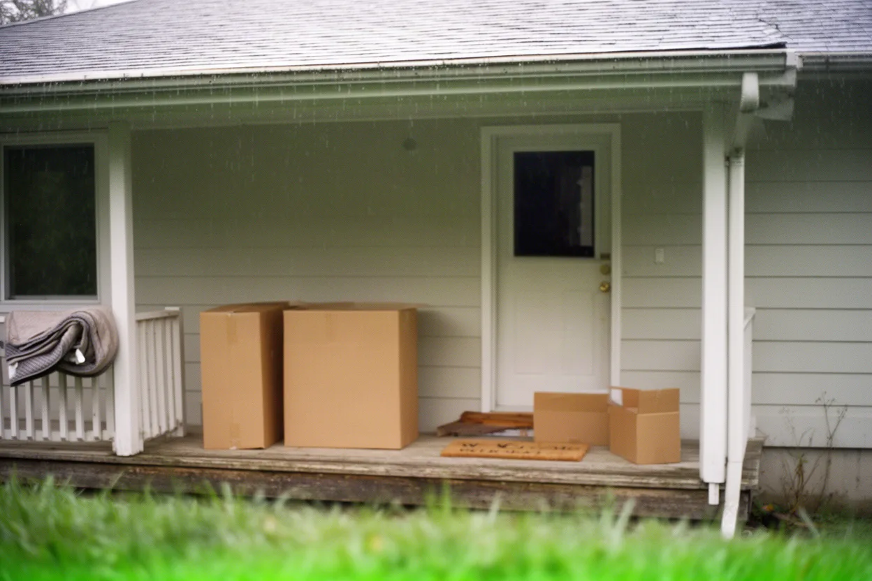 Moving boxes staged on the covered porch of a small bungalow on a drizzle-gray day