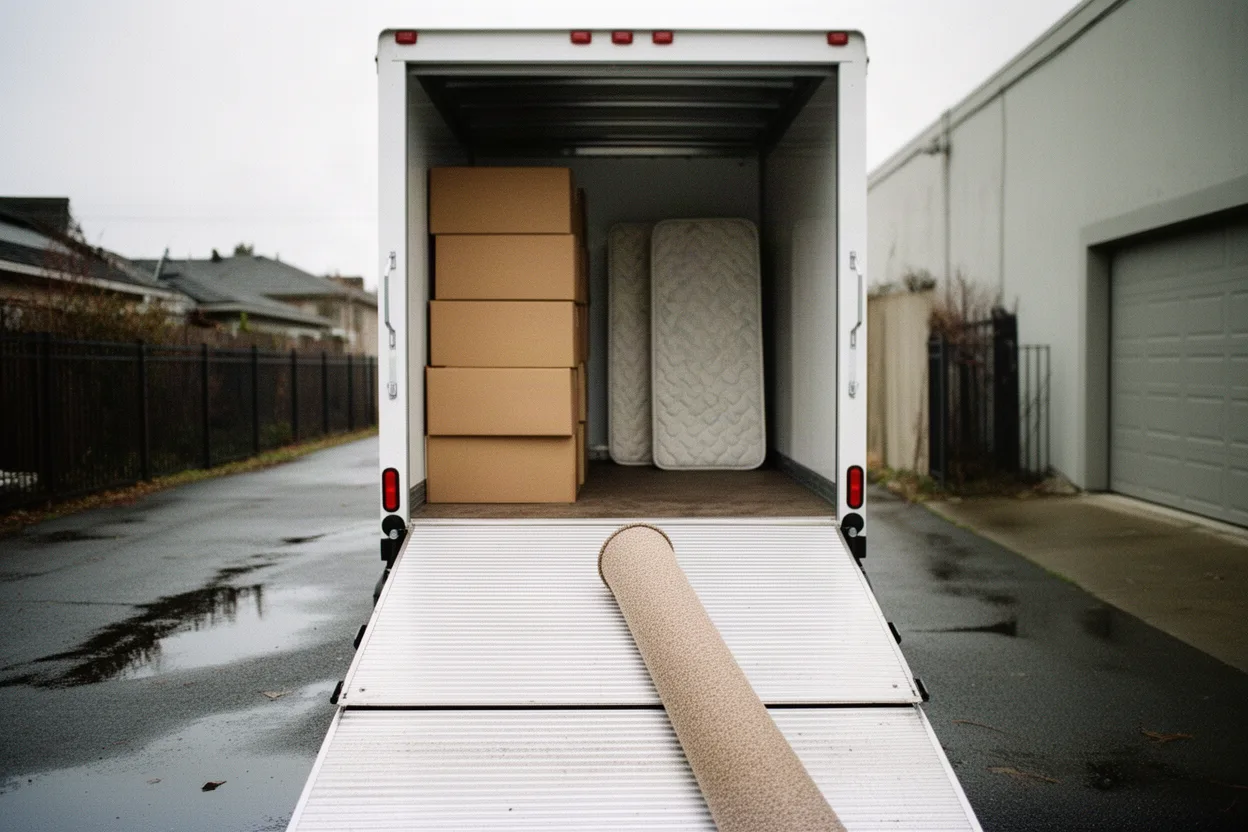 The open bay of a moving truck looking up the ramp at stacked boxes and mattresses
