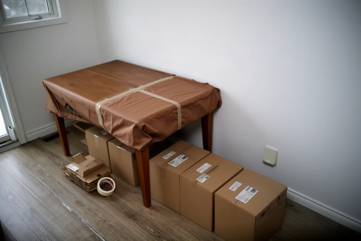 A dining room mid-packing with a blanket-wrapped table and a row of closed boxes